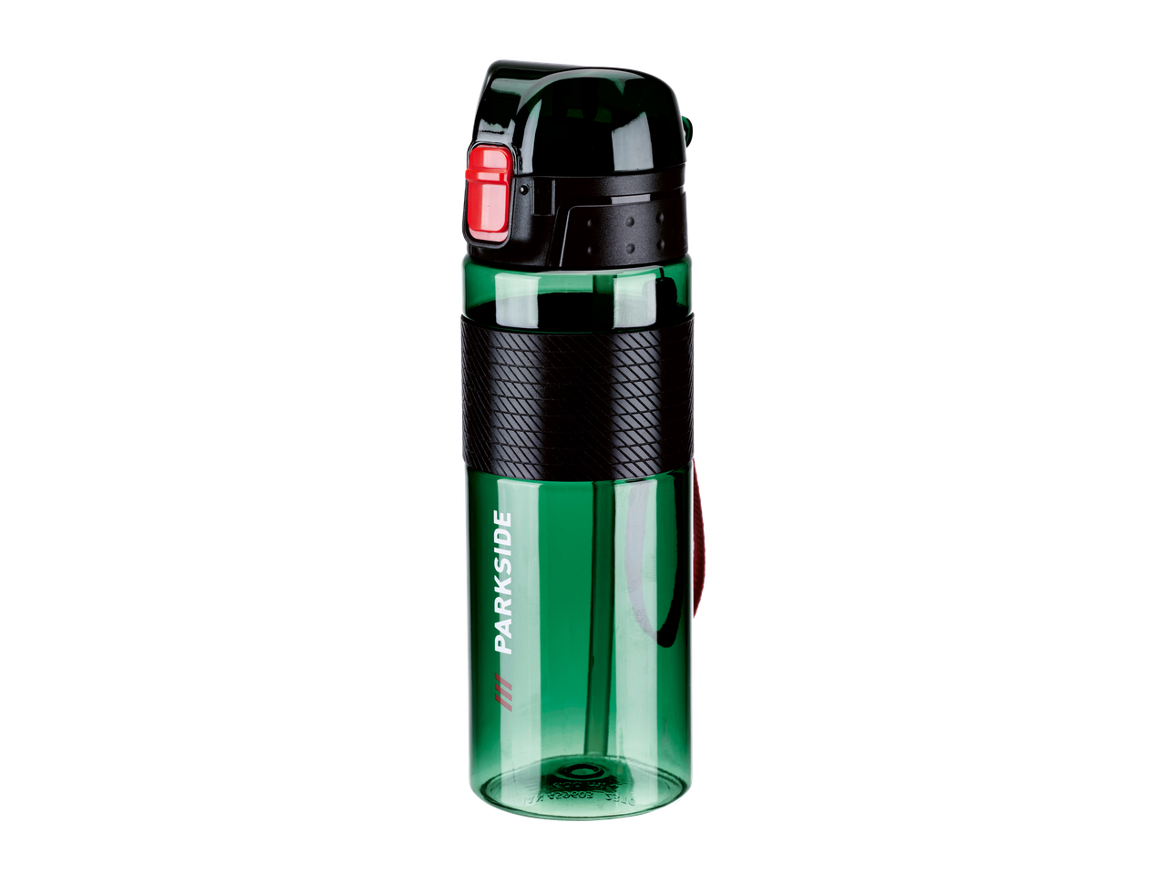 Sticlă de apă verde Parkside cu capac negru și buton roșu.