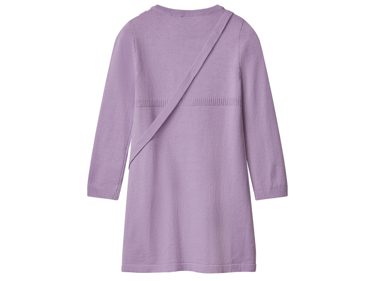 Лилава плетена рокля с дълъг ръкав, показана отзад.