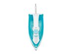 Top-down view of a white and turquoise steam iron with a patterned power cord.