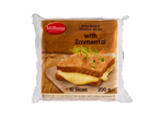 Milbona felii de brânză topită cu Emmental, 10 felii, 200g, cu un sandviș cu brânză la grătar.