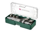 Impact driver set with various bits in a green and clear plastic case.