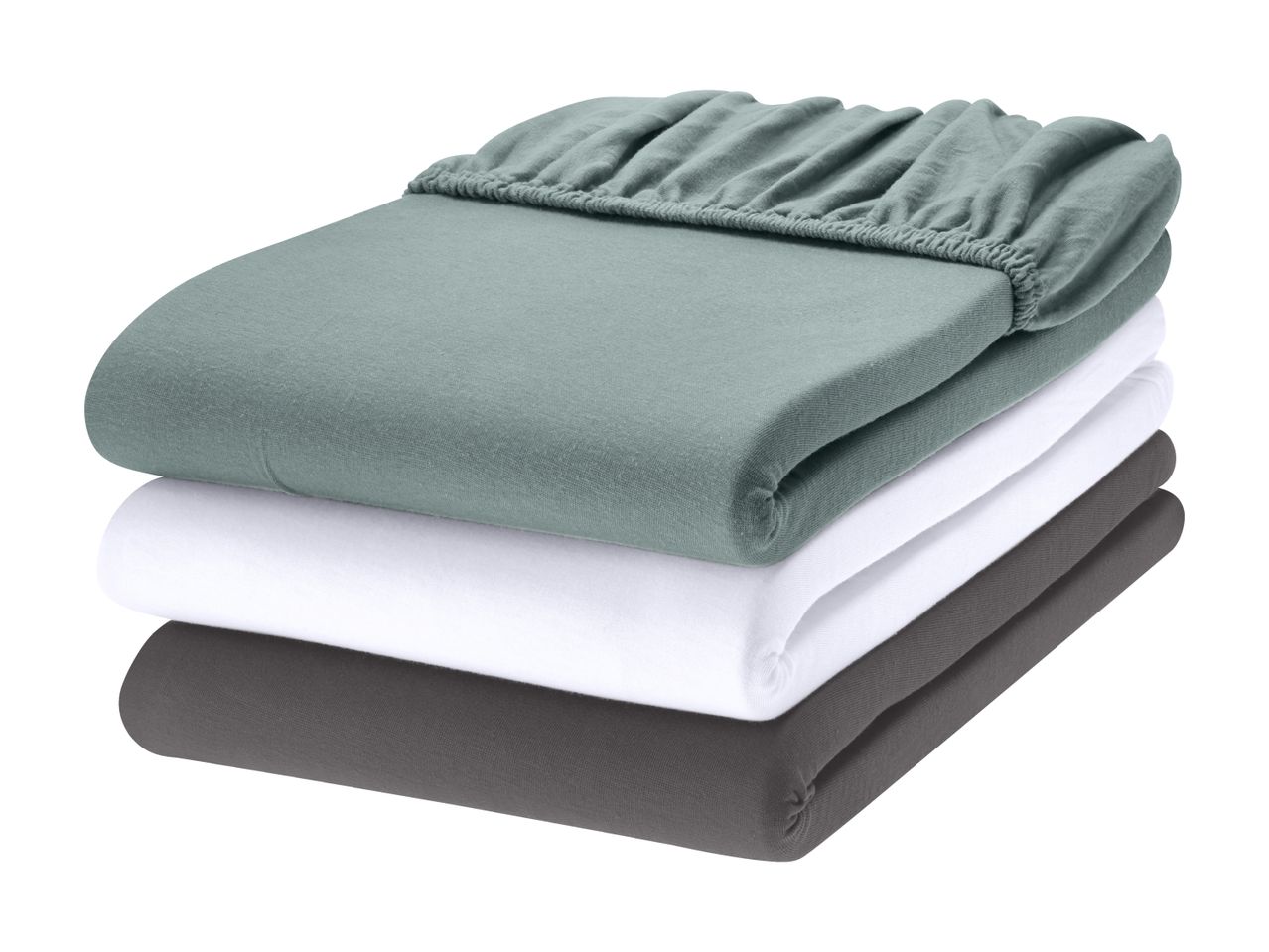 Stack of three folded fitted sheets in green, white, and dark grey.