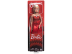 A Barbie doll in a red dress and silver necklace, packaged in a clear plastic box with a red backing.