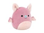 Pink bat plush toy with fluffy ears and belly, black eyes, and a light blue nose.