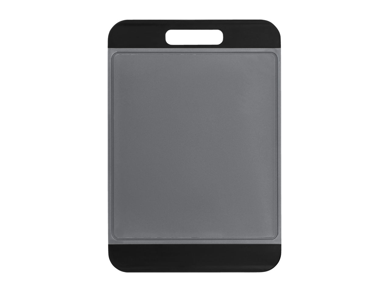 Grey and black plastic cutting board with handle