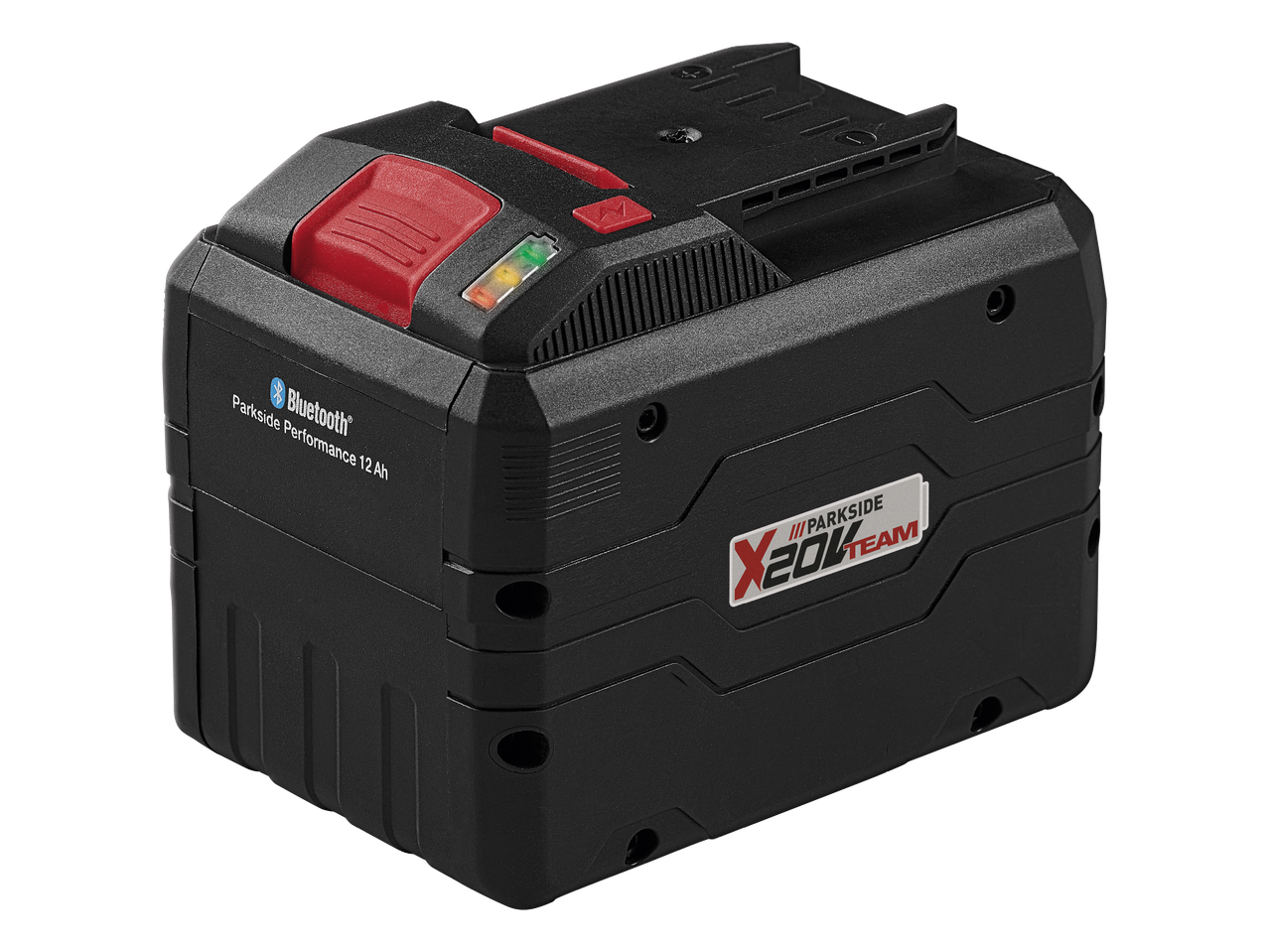 Crna baterija s crvenim gumbima i indikatorom napunjenosti, s natpisom 'Bluetooth' i 'Performance 12 Ah'.