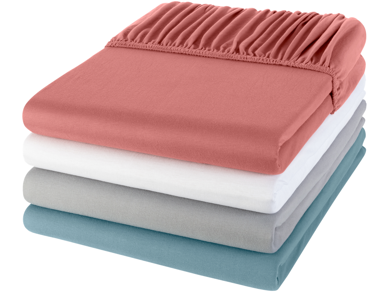 Trīs kokvilnas matraču aizsargi rozā, baltā un pelēkā krāsā.