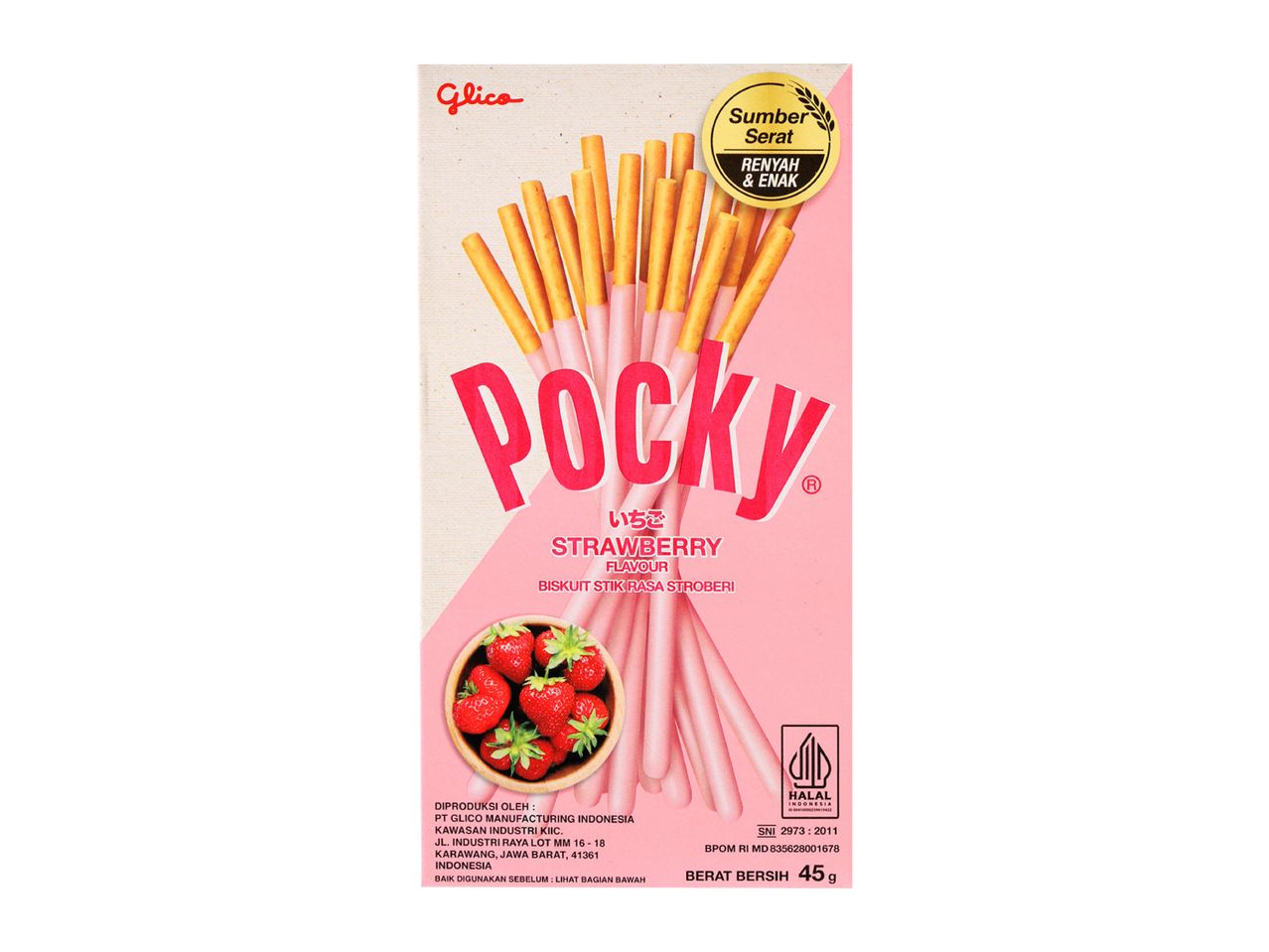 Strawberry-flavored biscuit sticks with a fiber source label, produced in Indonesia.