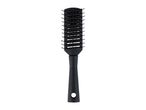 A black paddle hairbrush with a comfortable handle.