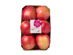 Zes rode Gala appels in een kartonnen verpakking, met een etiket dat de soort, herkomst en het gewicht aangeeft.