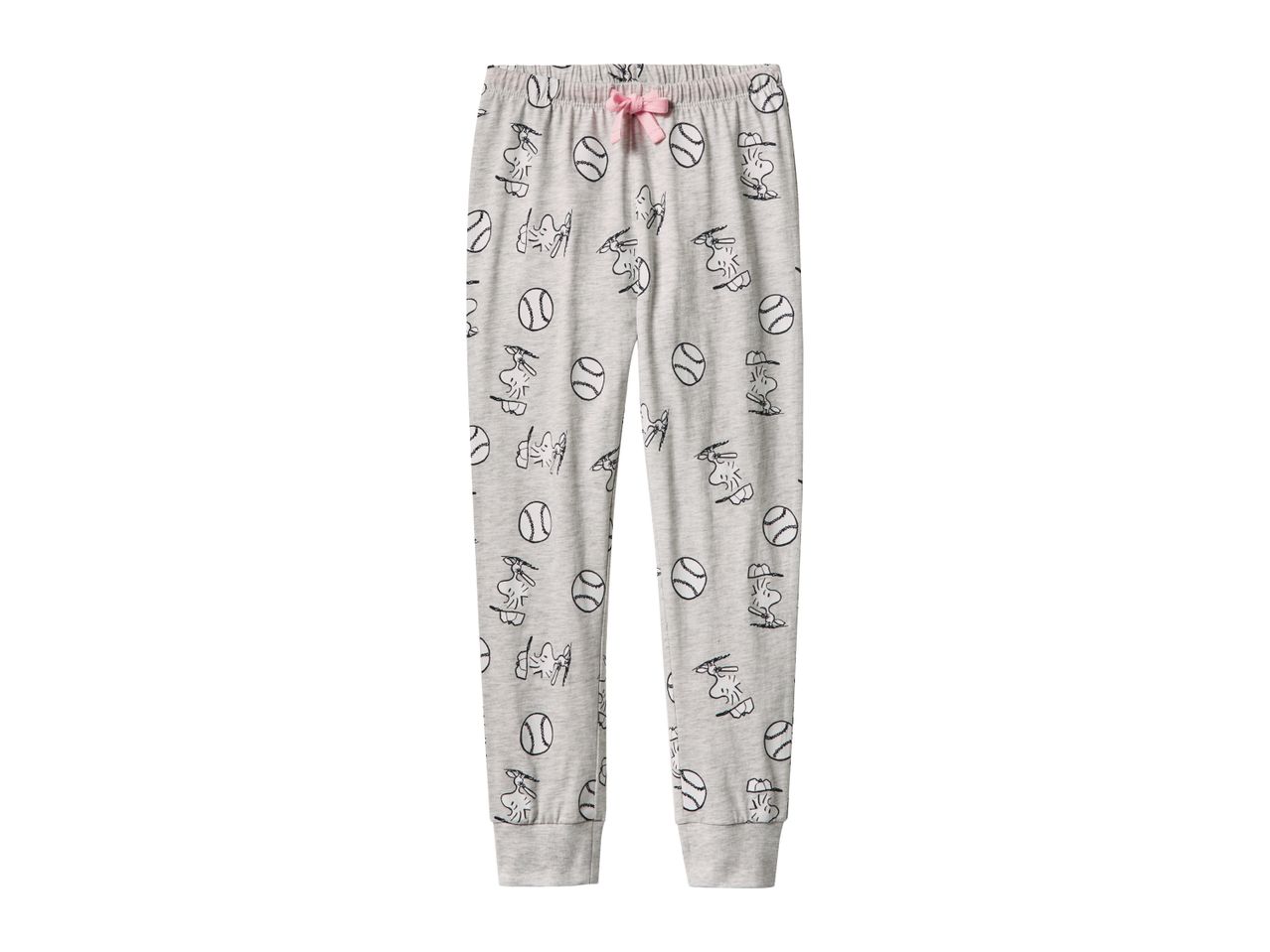 Gray pajama pants with baseball and Peanuts character Snoopy playing baseball.