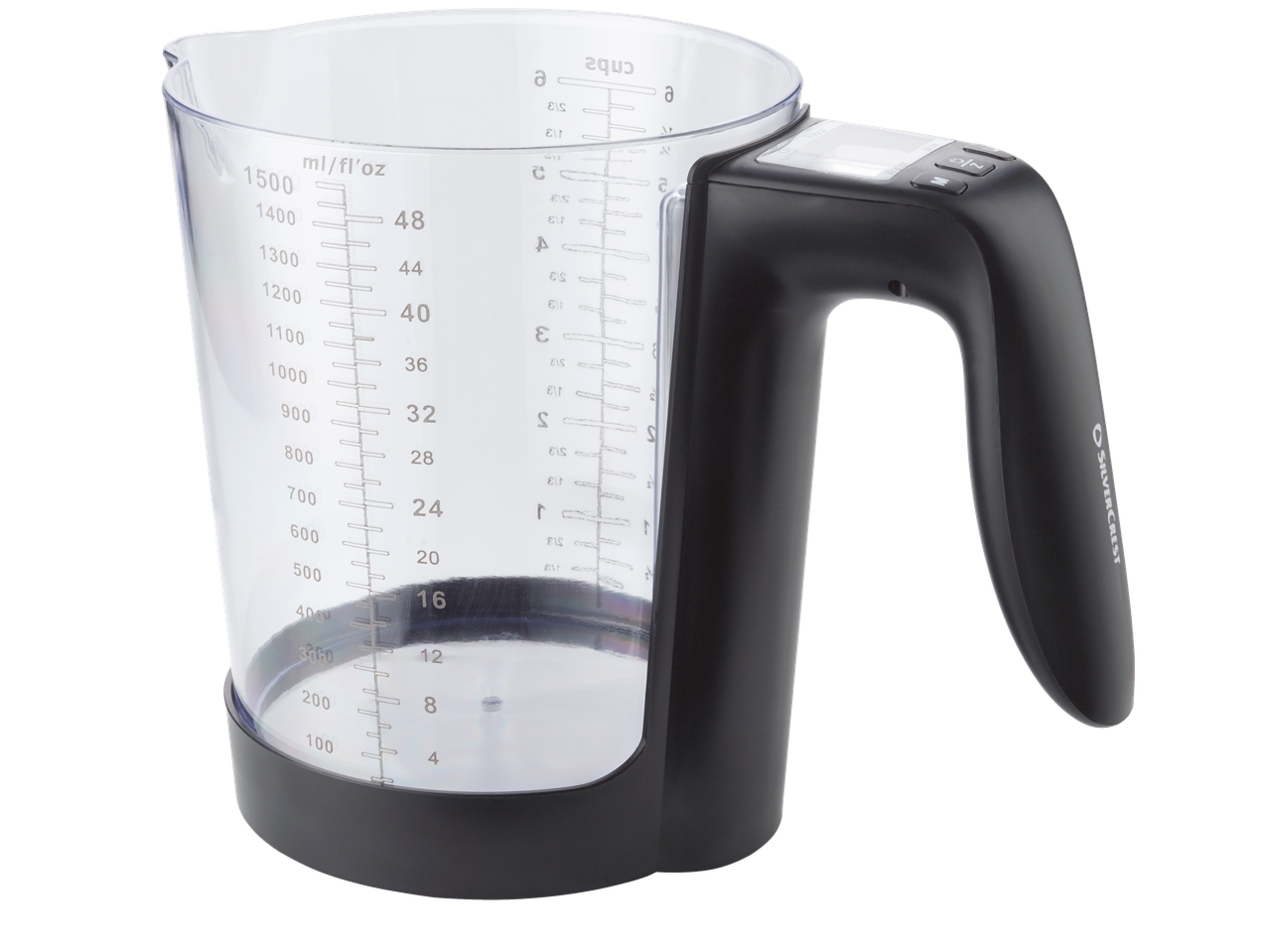 SILVERCREST mõõtekann digitaalse kaalu ja mustade käepidemetega.