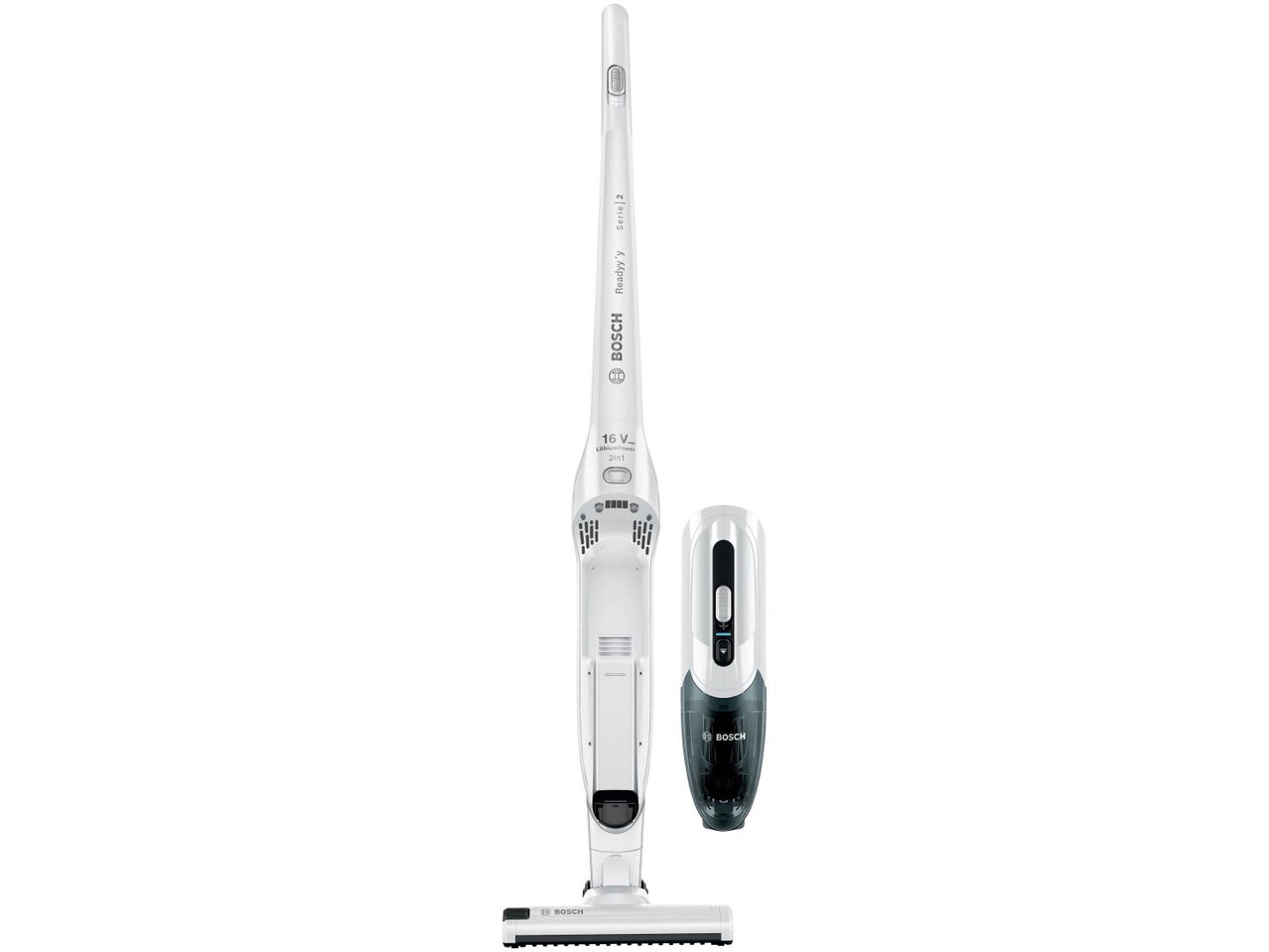 A white Bosch 2-in-1 cordless vacuum cleaner with a detachable handheld unit.