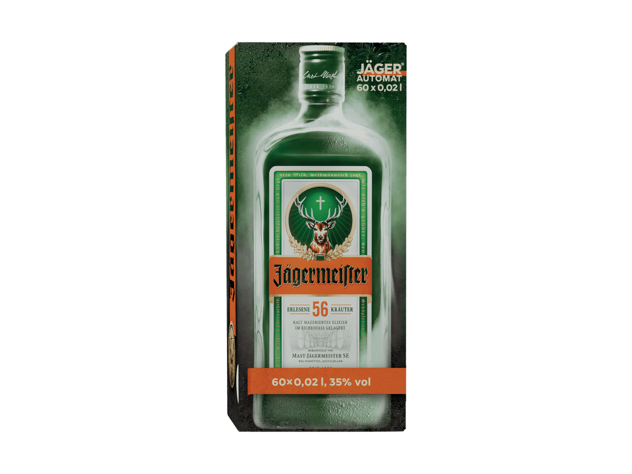 Eine Flasche Jägermeister mit dem Hirschlogo und der Aufschrift 'Jägermeister Automat 60 x 0,02l'.