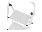 Close-up of a white folding step stool with two steps.