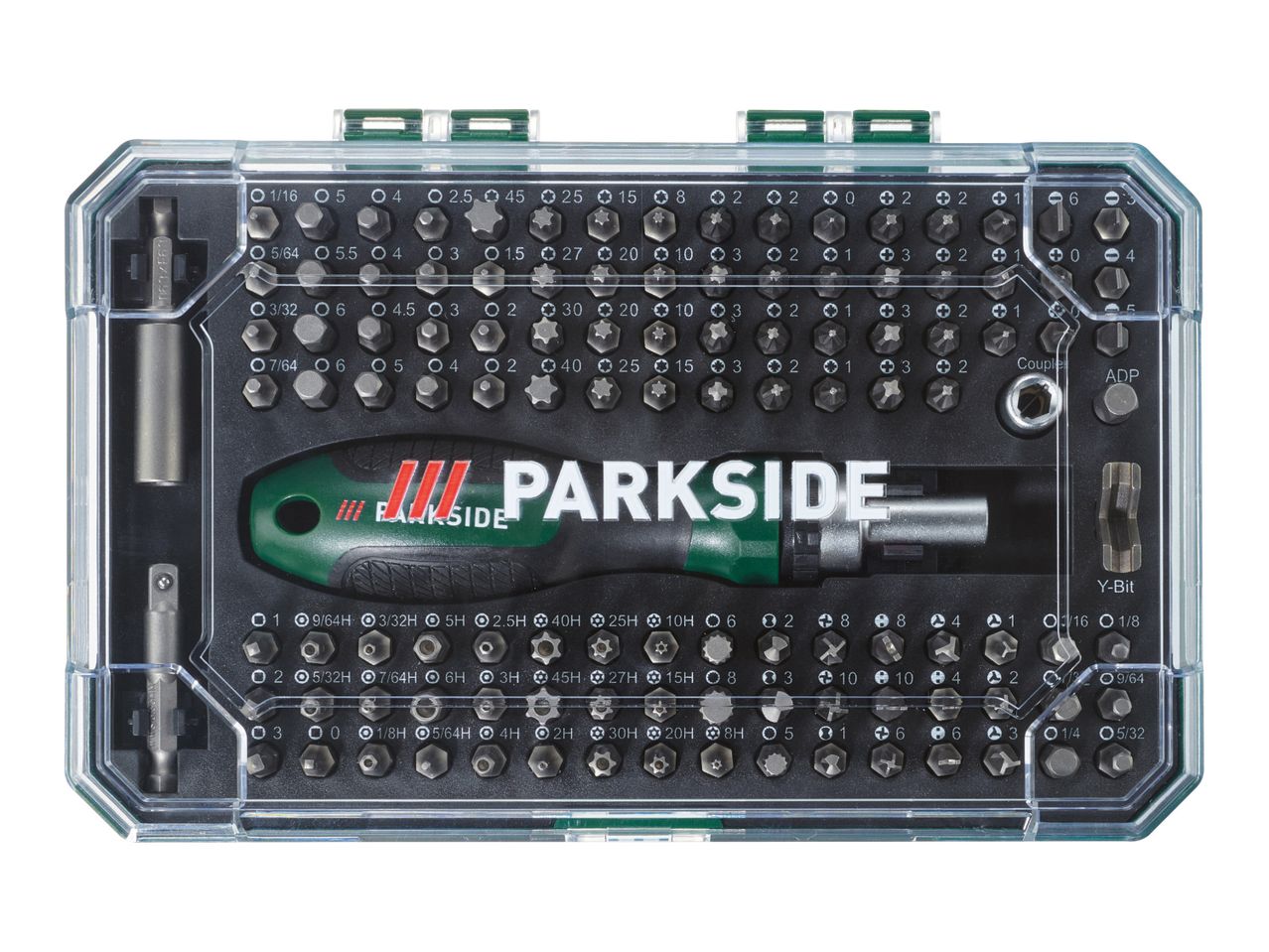 Parkside precision screwdriver set with numerous bits in a clear plastic case.