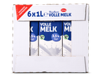Een doos met zes pakken houdbare volle melk, elk met 3,5% vet.
