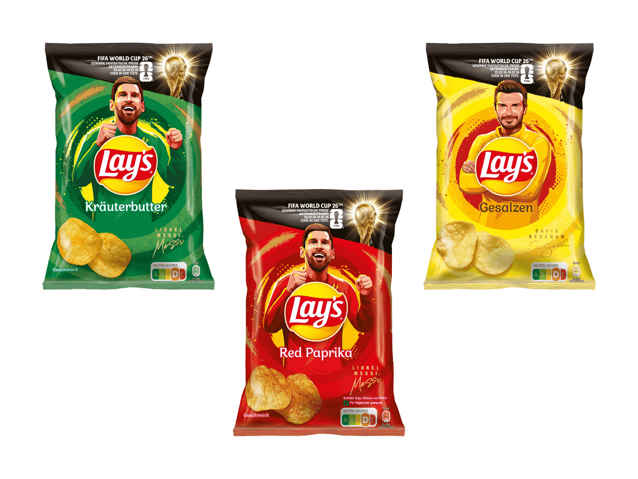 Drei Chipspackungen mit den Geschmacksrichtungen Kräuter, Paprika und Gesalzen, mit Fußballern und dem WM-Pokal.