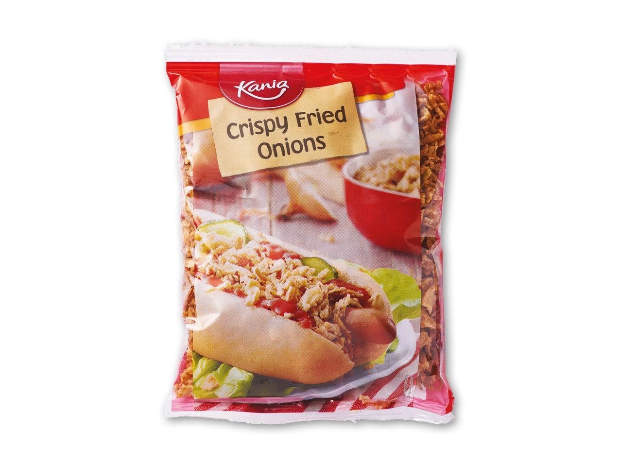 Pose med sprøde stegte løg, der viser en hotdog toppet med løgene.