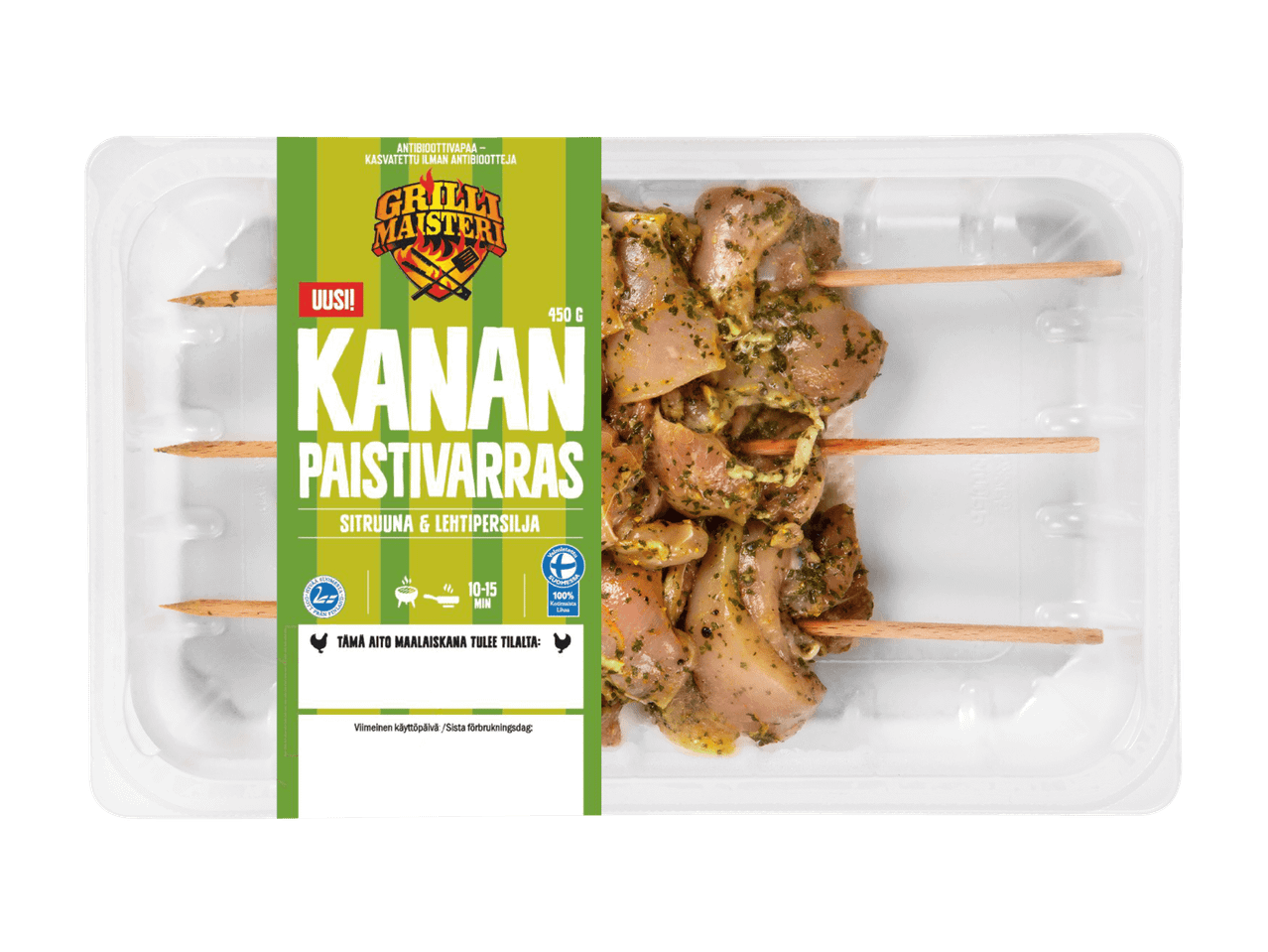 Uusi sitruuna- ja lehtipersiljamarinoitu kanavarras, 450 g, valmistettu Suomessa.