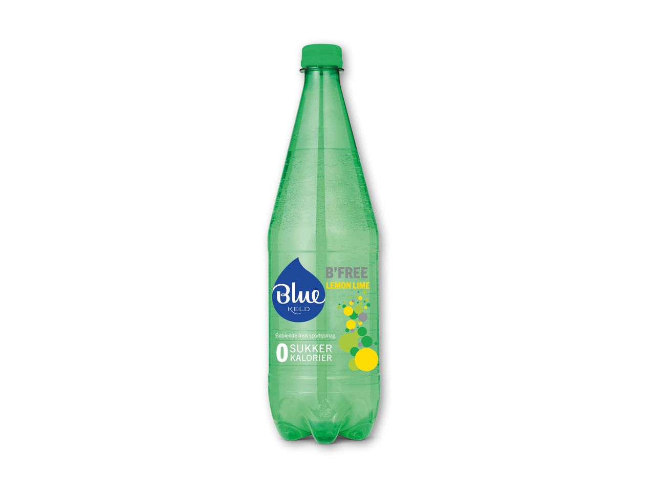Grøn flaske med danskvand med citron-lime smag, 0 sukker og 0 kalorier.