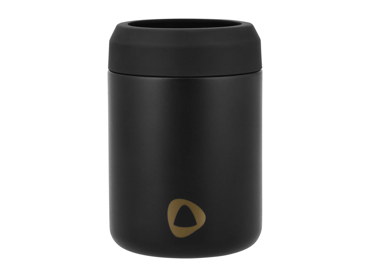 Black insulated beverage holder with a gold triangular logo on the front
