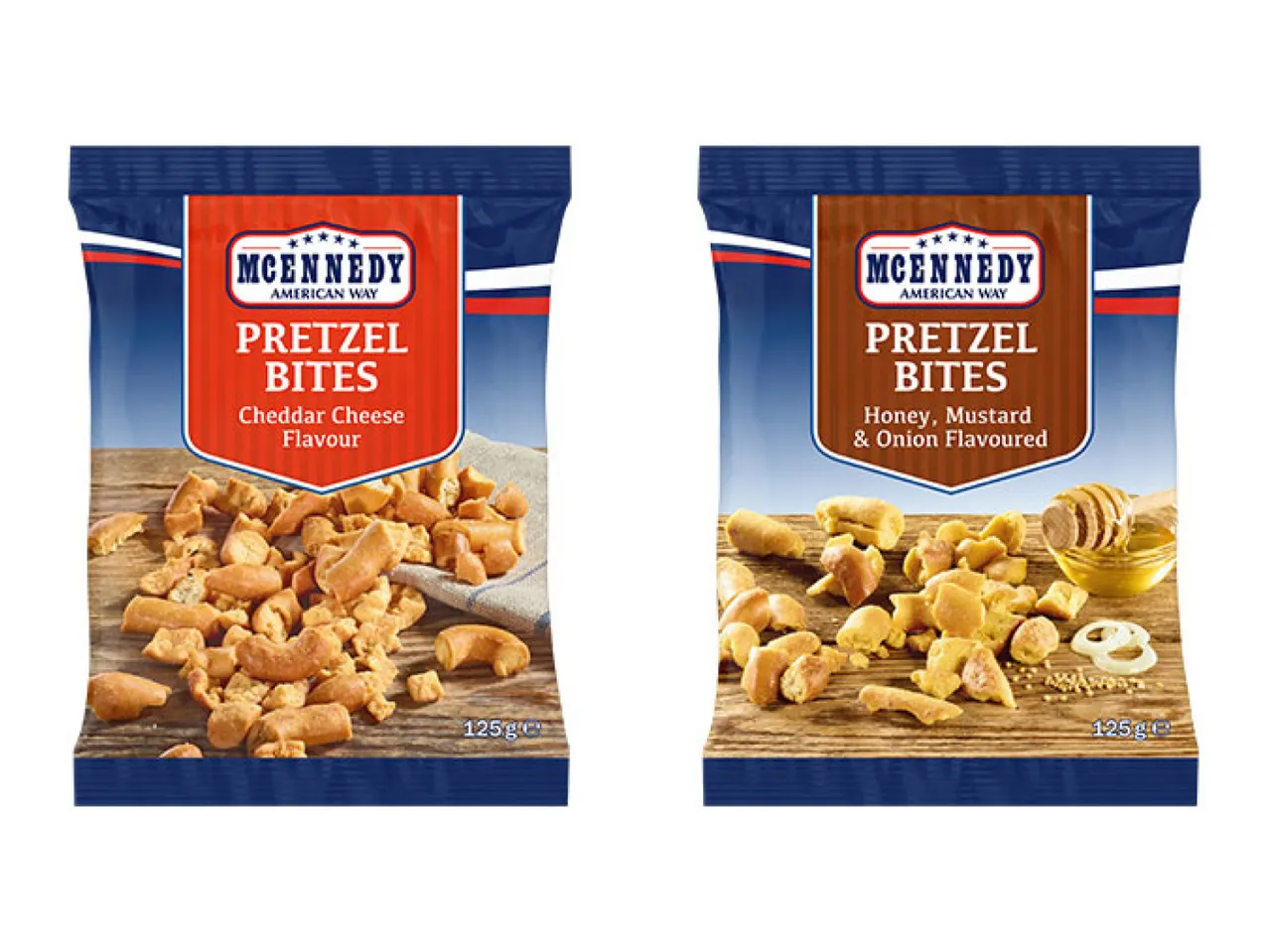 Two bags of pretzel bites in cheddar cheese and honey, mustard & onion flavours.