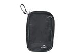 Black shoe bag with a transparent front panel, zipper closure, and a small loop handle.