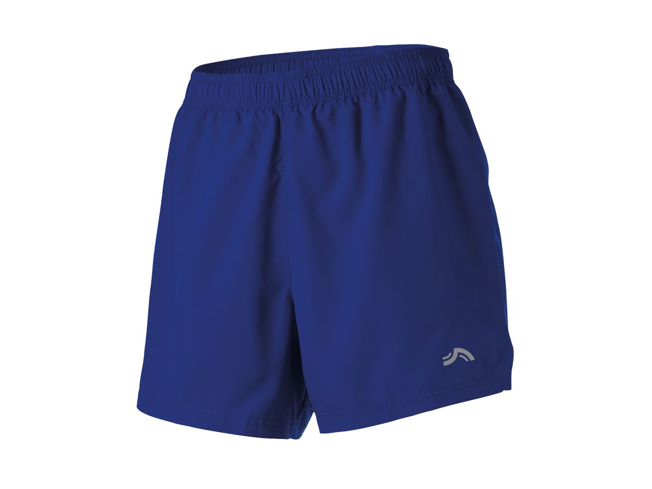 Blue athletic shorts with an elastic waistband and a small grey logo on the left leg.