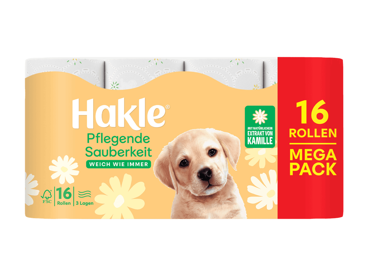 Toilettenpapier mit Kamillenextrakt, 16 Rollen, 3-lagig, mit Welpenmotiv