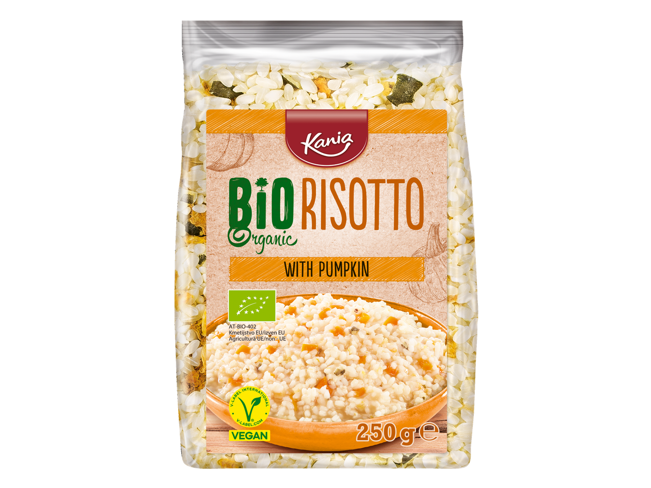 Kania Bio Risotto cu Dovleac, un fel de mâncare vegetarian organic vegan.