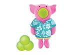 Pink pig toy wearing a Hawaiian shirt with three green balls next to it.