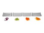 Four stainless steel grater blades with piles of sliced red onion, grated cucumber, and carrots.