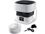 Mini máquina de lavar CLEANMAXX com cesto de centrifugação e adaptador de energia.