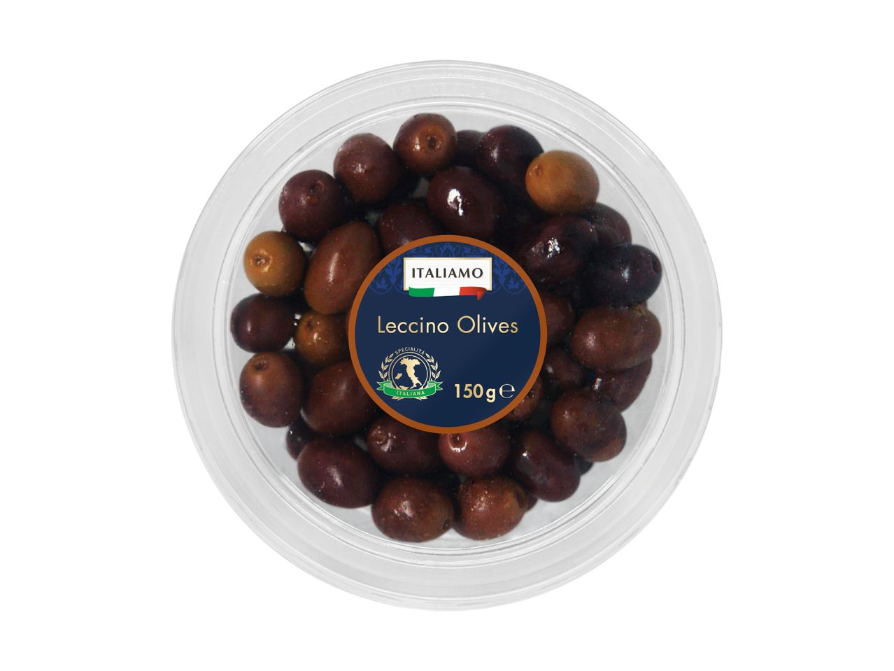 A clear plastic tub of Leccino olives, 150g, with an Italian-themed label.