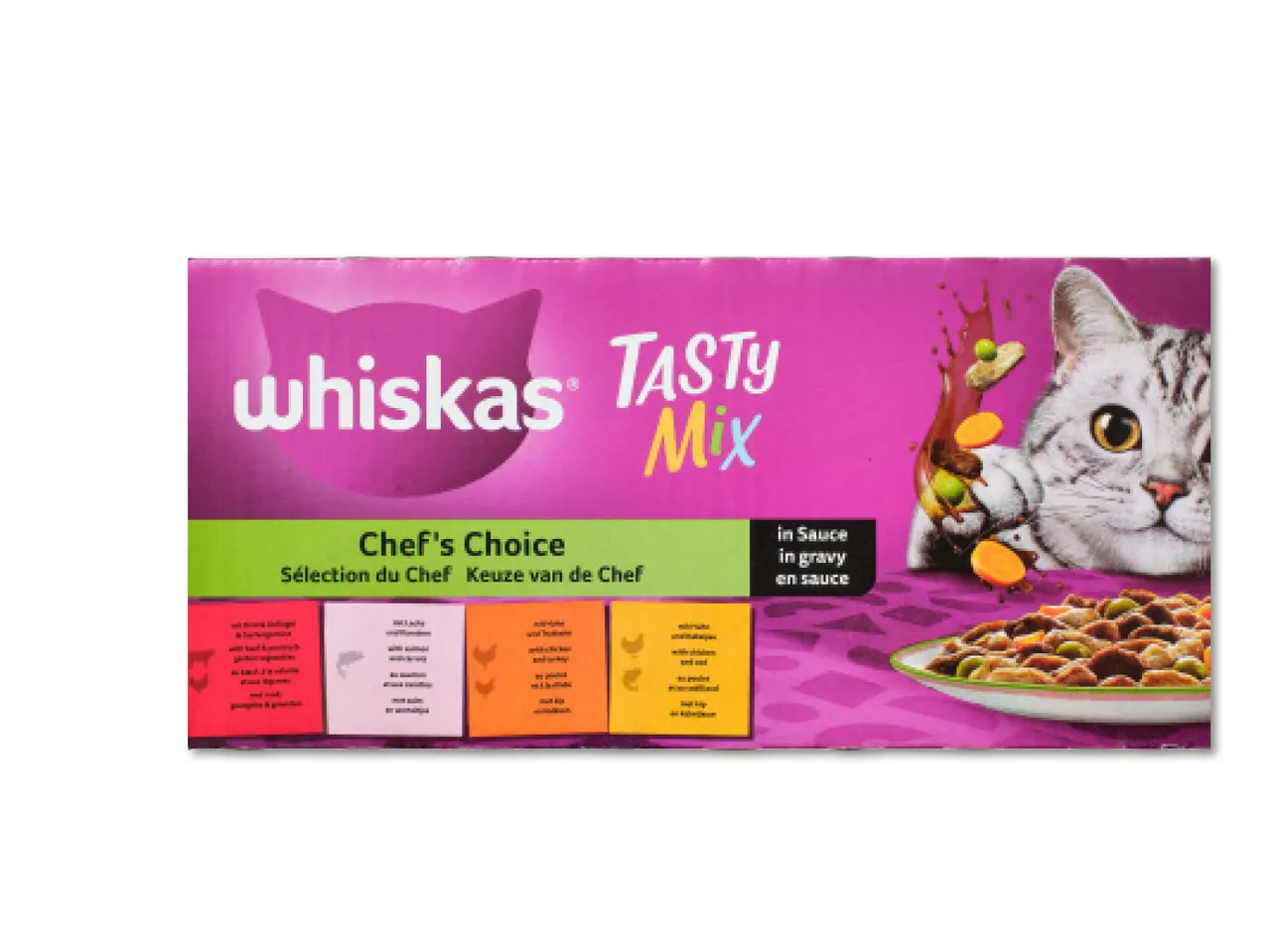 Whiskas Tasty Mix kassi toit: mitmesuguseid liha- ja kastmekombinatsioone.