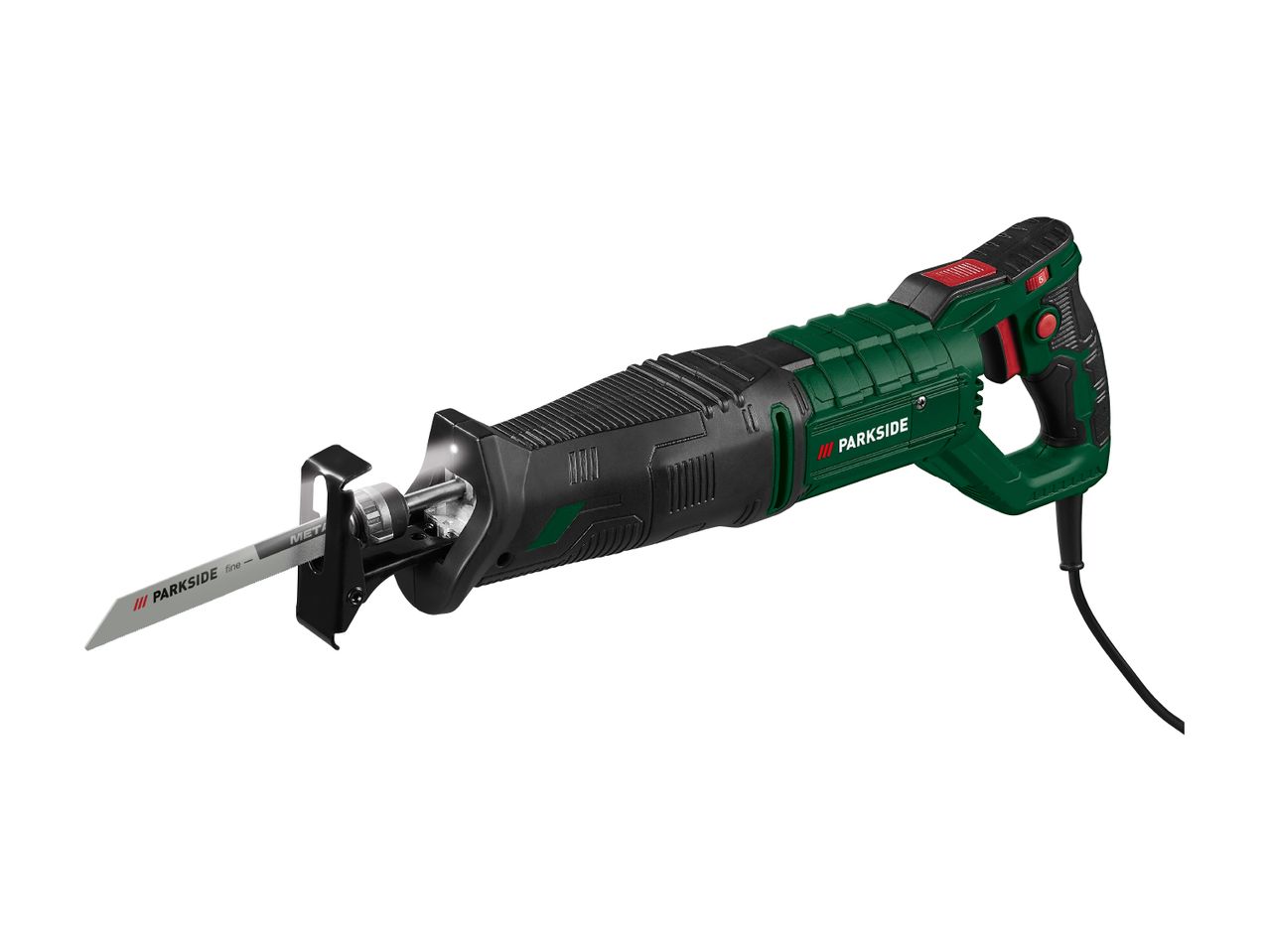 Green and black reciprocating saw with a metal blade, angled view.