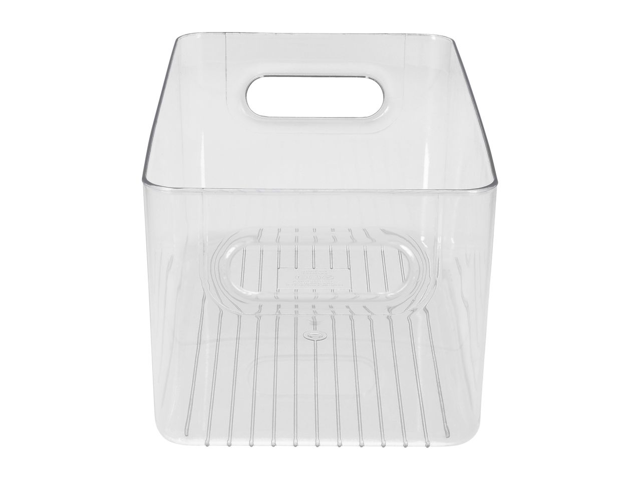 Clear plastic storage bin with integrated handles and ribbed bottom