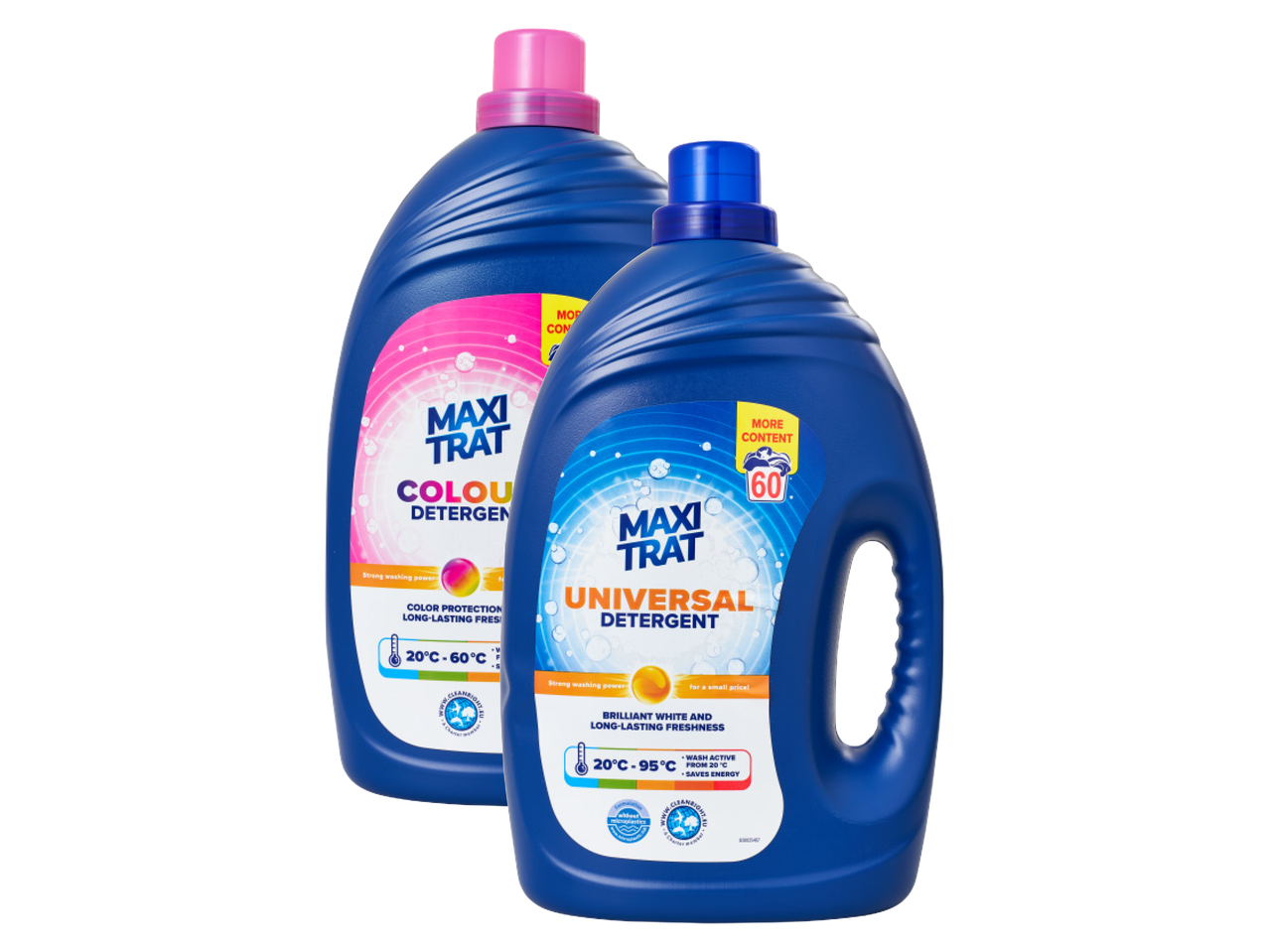 Kaks pudelit Maxi Trat pesuvahendit: värvilistele ja universaalne.