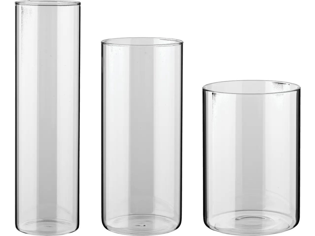 Livarno Home Vase Set with three clear glass cylindrical vases of varying heights.