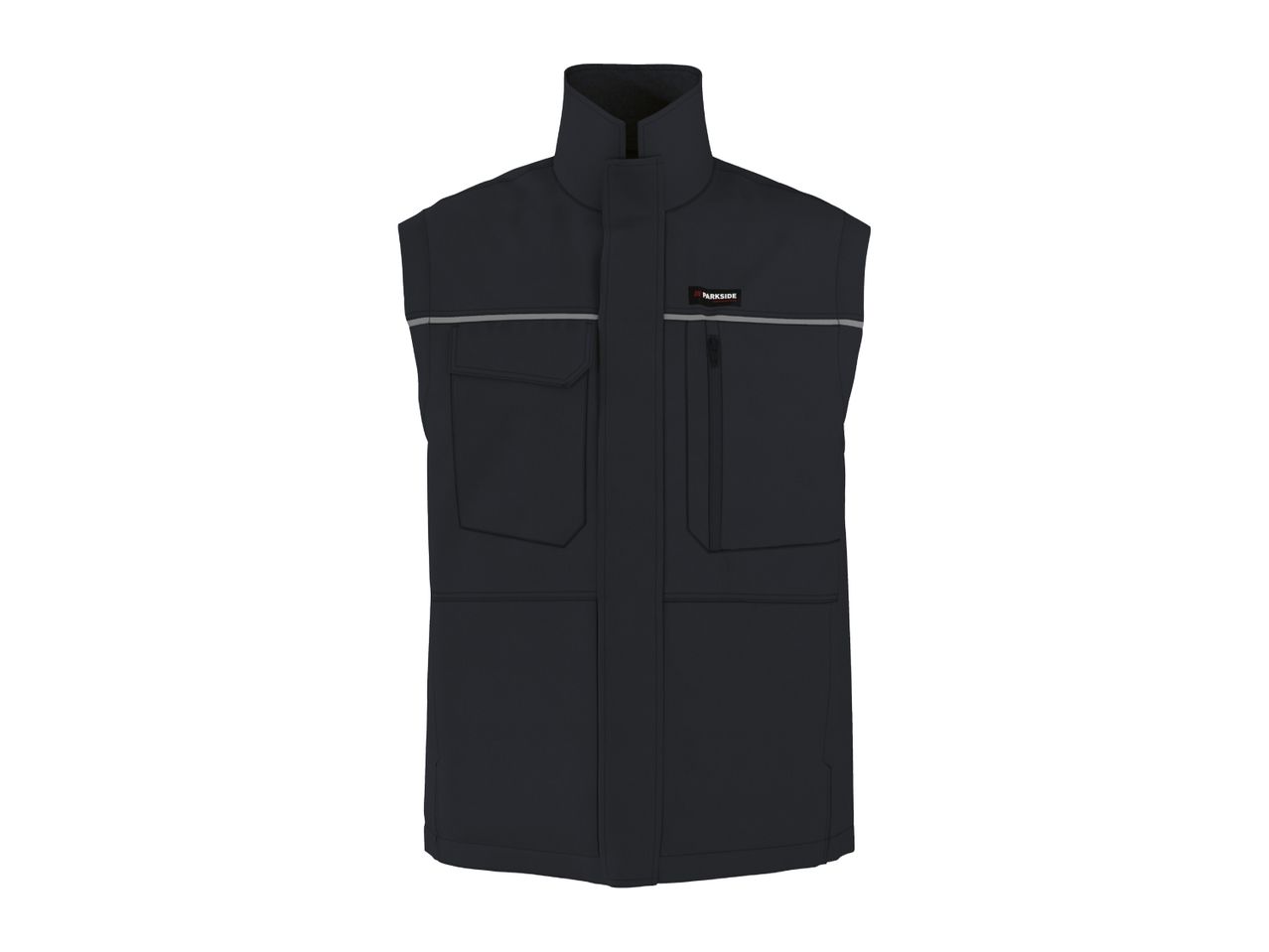 Men's dark blue work vest with reflective stripes and multiple pockets
