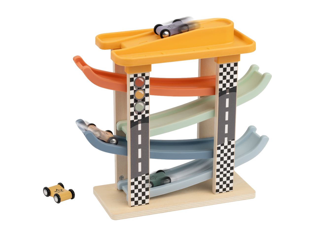 Wooden car ramp with colorful tracks and toy cars, one in motion.