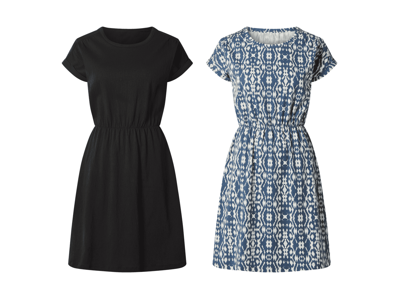 Deux robes d'été : une noire unie et une à motif ikat bleu et blanc.