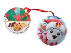 Christmas cookie tag with Paw Patrol's Marshall in a Santa hat, and a cookie with chocolate drops.