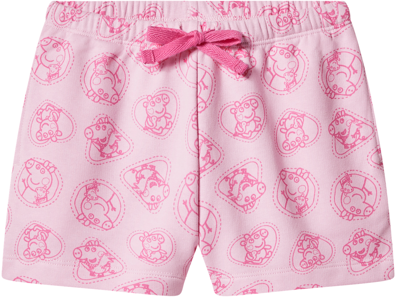 Pink kids' jersey shorts with a Peppa Pig print and a decorative pink bow.
