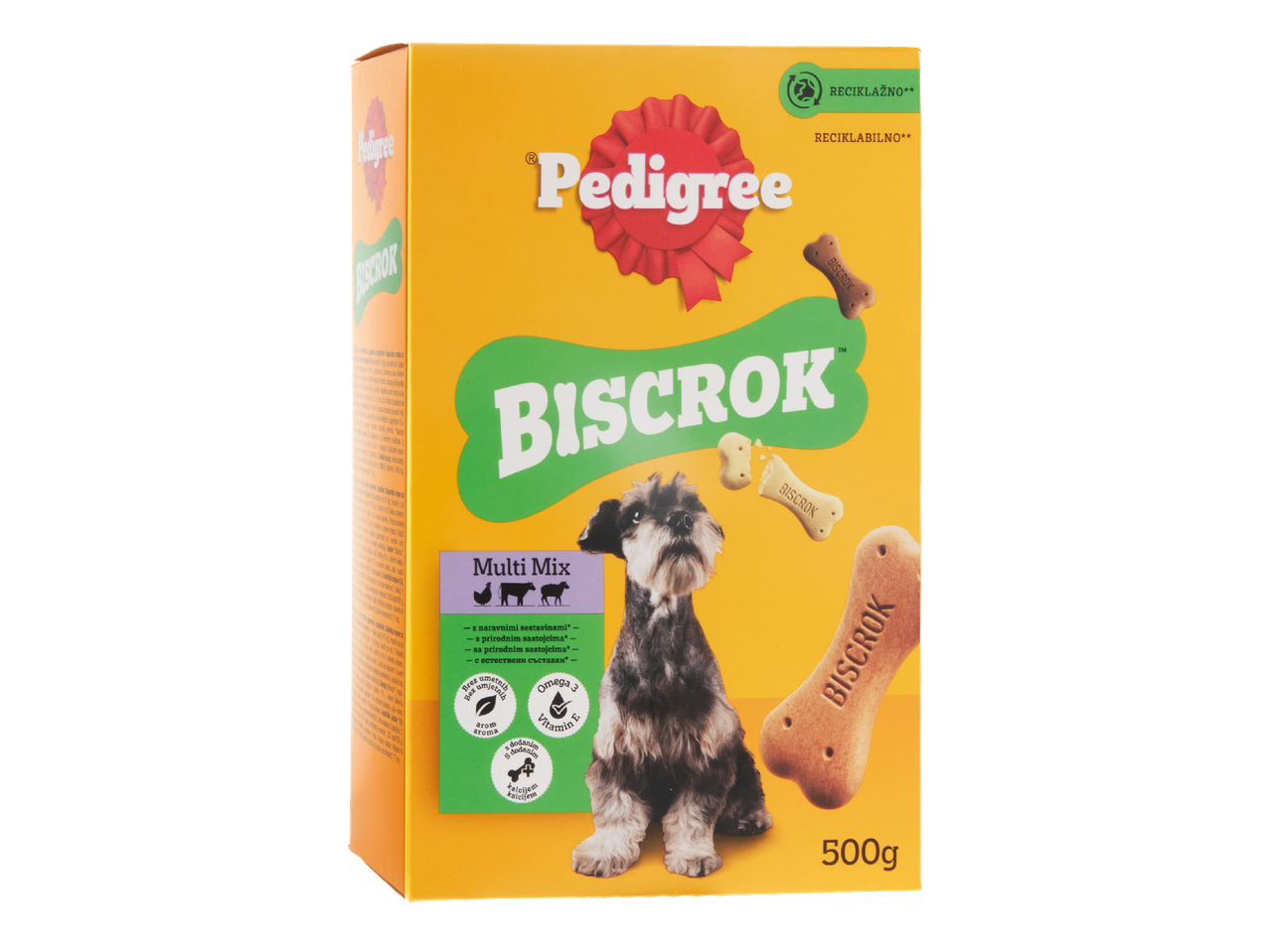 Kutija psećih keksa s natpisom 'BISCROK' i slikom psa, težine 500g.