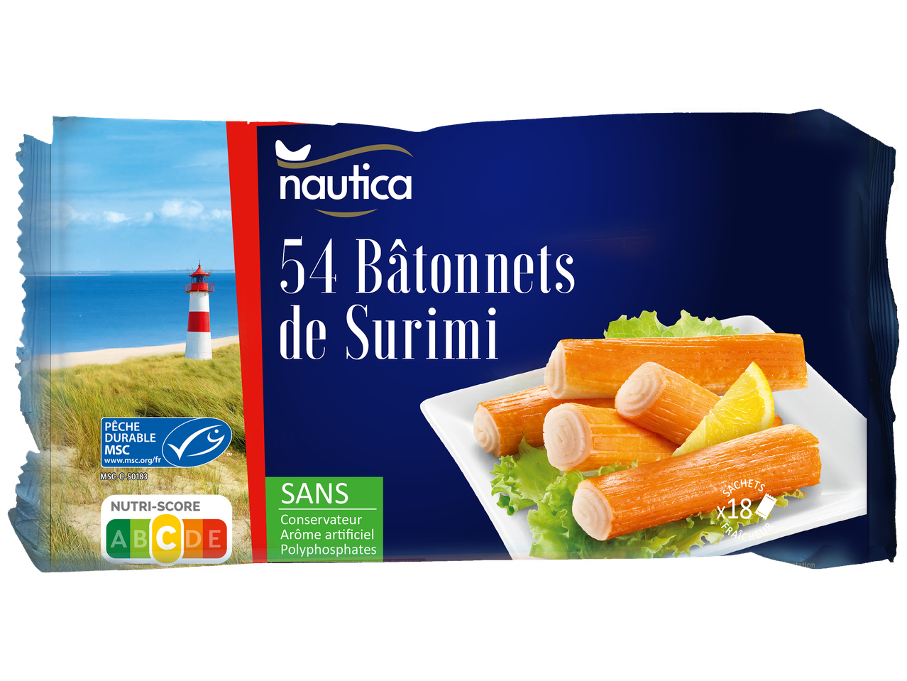 Paquet de 54 bâtonnets de surimi avec Nutri-Score A, sans conservateur ni arôme artificiel.