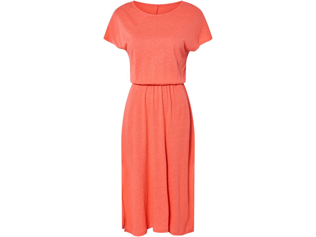 A coral midi dress with short sleeves and a relaxed fit.