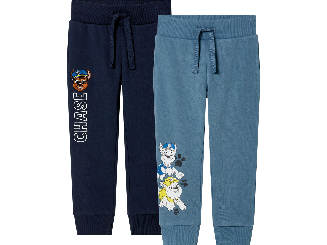 Två par Paw Patrol-joggingbyxor för barn, en mörkblå med Chase-tryck och en ljusblå med Chase och Rubble.
