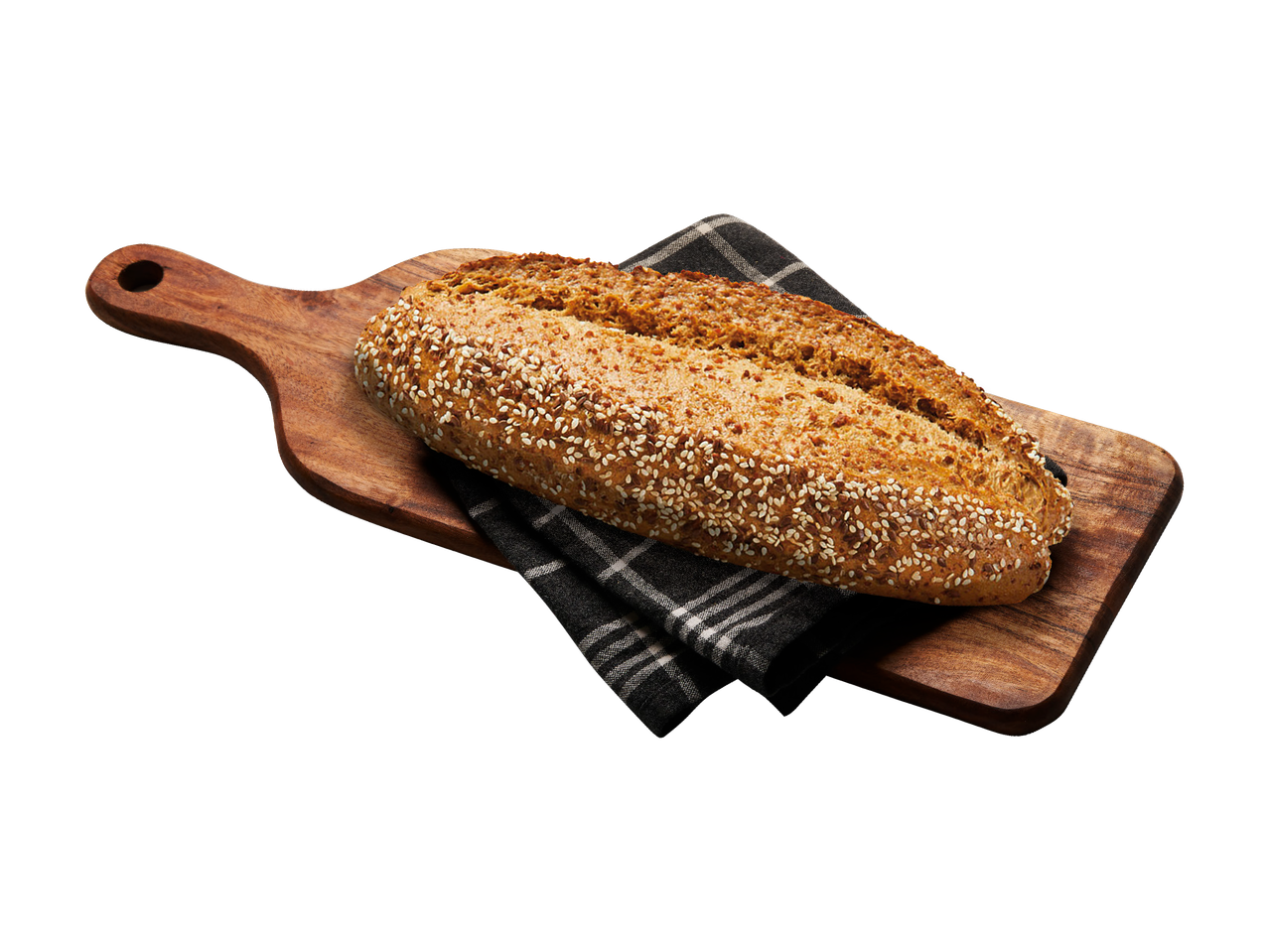 Fullkornsbröd med sesamfrön på en träbricka.